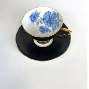 Royal Stafford Elegant Black and Blue Floral Teacup and Saucer